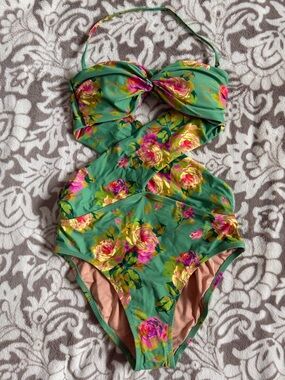J. Crew Green Floral One Piece Swimming Suit